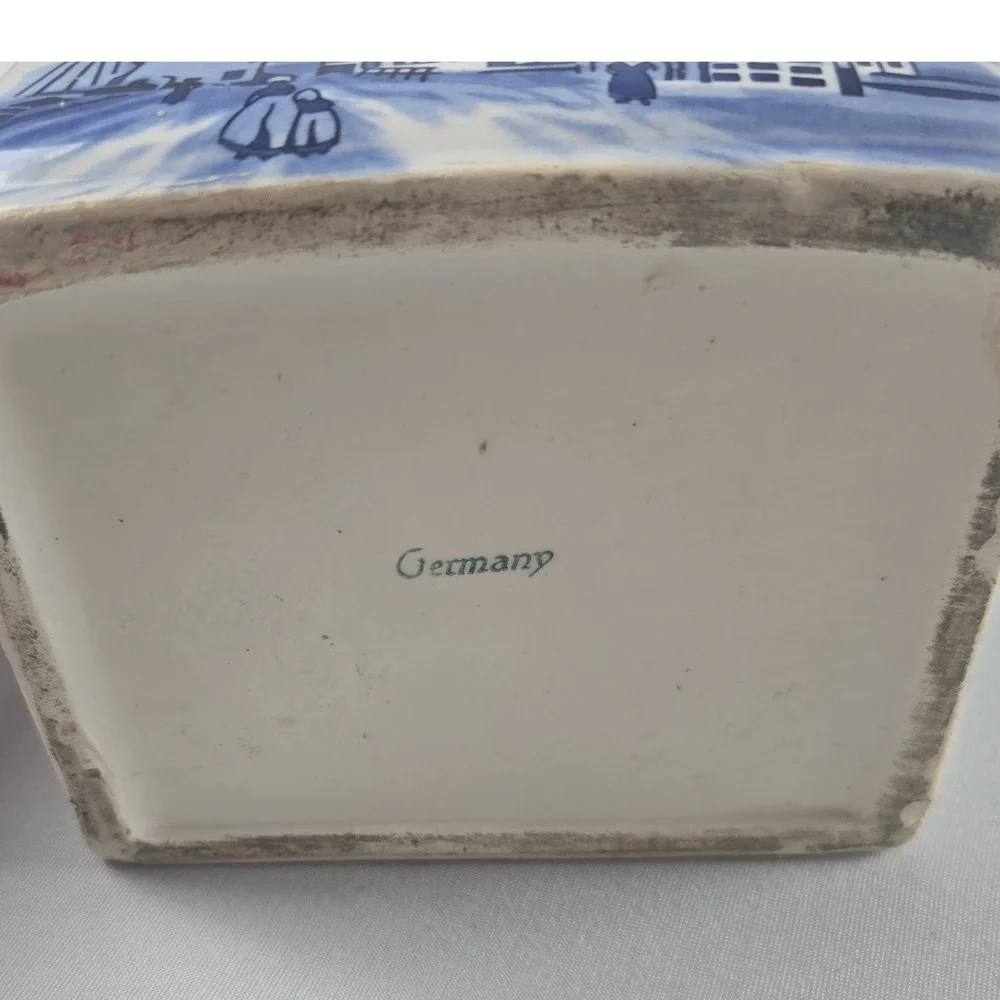 Vintage Delft Blue Holland Wall Mount Salt Box Ceramic Wood Lid Windmill Decor